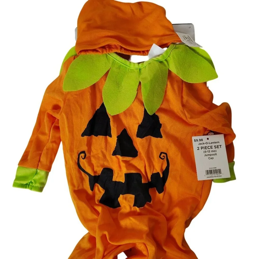 Infant 6-12 Months Pumpkin Jack-O-Lantern Jumpsuit and Cap Halloween Costume